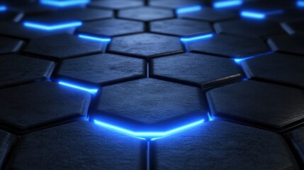 Futuristic hexagonal surface, blue light, tech background, website banner