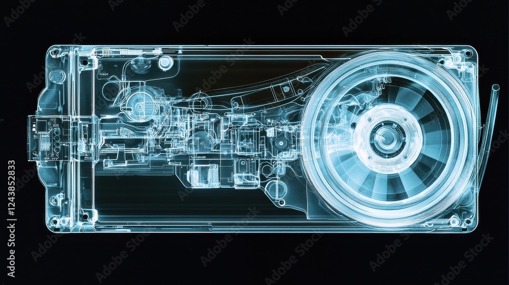 Poster x ray image of a translucent computer graphics card, revealing internal components and a cooling fan