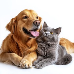 Fototapeta premium Playful Golden Retriever and Charming Gray Cat Snuggling Together on a Light Background