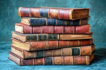 A stack of vintage leather-bound books arranged elegantly on a textured blue-green background, evoking a sense of nostalgia and knowledge