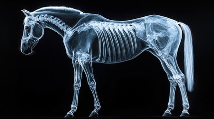 X Ray style image of a horse skeleton, glowing blue on a black background. Detailed anatomical structure visible.
