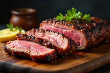 Large piece of smoked beef brisket with caramelized crust, beef, large, smoked
