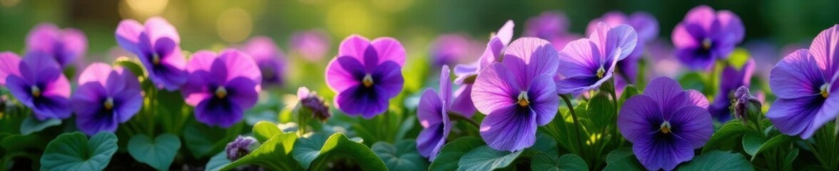 Obraz premium Large purple blooms dominate the landscape of dense green leaves, pansy, foliage, flowerbed