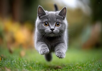 Obraz premium Playful gray kitten leaps joyfully over vibrant green grass in a blurred outdoor background during a sunny day full of natural beauty and warmth