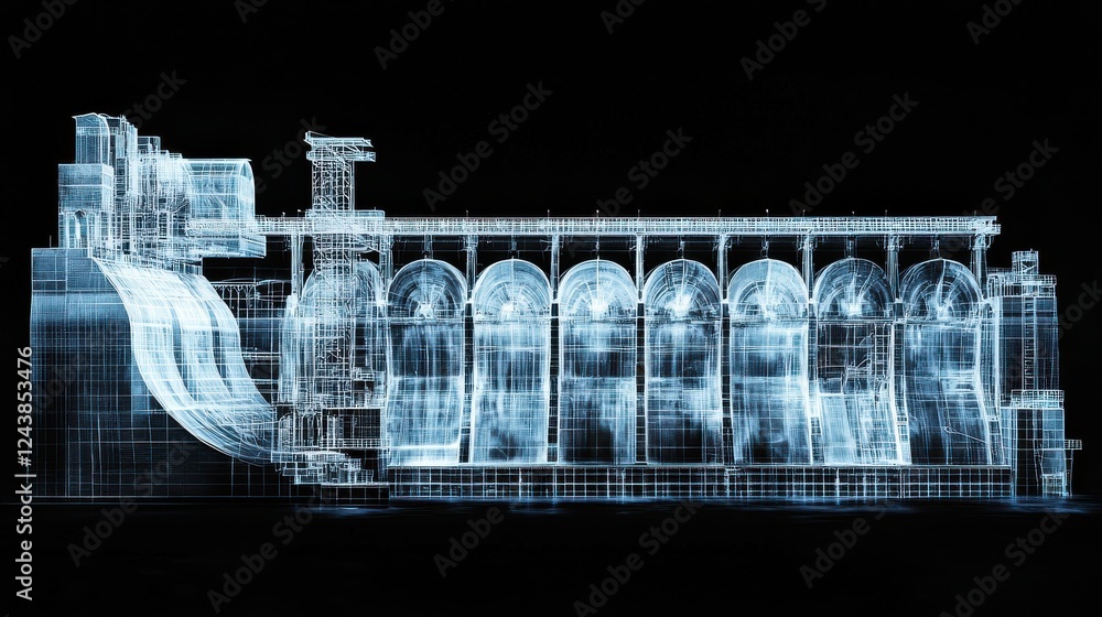 Aufkleber abstract architectural rendering in cool blue tones, showcasing intricate details of a large structu