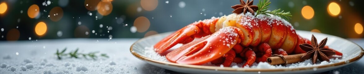 Lobster tail wrapped in festive cinnamon sticks and star anise on a snowy winter tablecloth, snowflake, winter, inviting