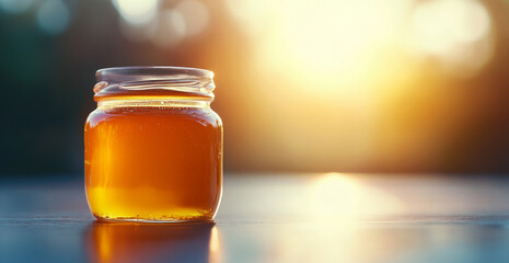 A jar of organic honey is placed on a surface, reflecting warm sunlight during the evening.