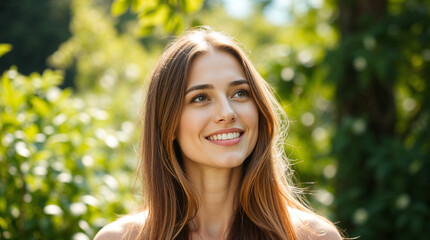 Naklejka premium Happy, woman and face in nature for thinking, positive mindset and carefree. Female person, smile and inspiration in natural environment for wellness