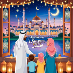 Happy family celebrate for eid mubarak with mosque background