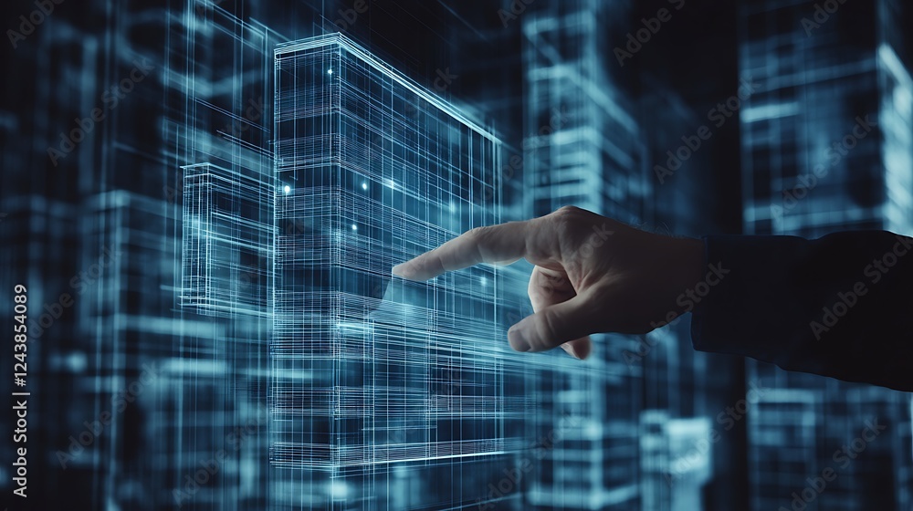 Aufkleber a person using a holographic interface to design a glowing building