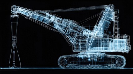 Wireframe rendering of a large crane on a dark background. The crane is depicted in a translucent, light blue wireframe style, showing intricate detail.