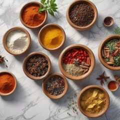 Wooden bowls filled with mix of aromatic spices on marble surface, recipe, high angle view, cooking preparation, mix