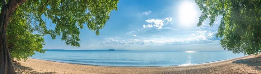 Obraz premium Tranquil tropical beach getaway, boat and tree by the azure water scenic