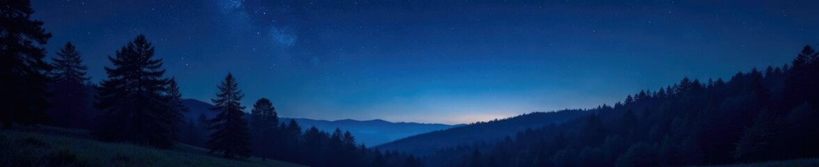 Fototapeta premium Serene forest in a star-filled night sky with an endless horizon, moonless, night, trees