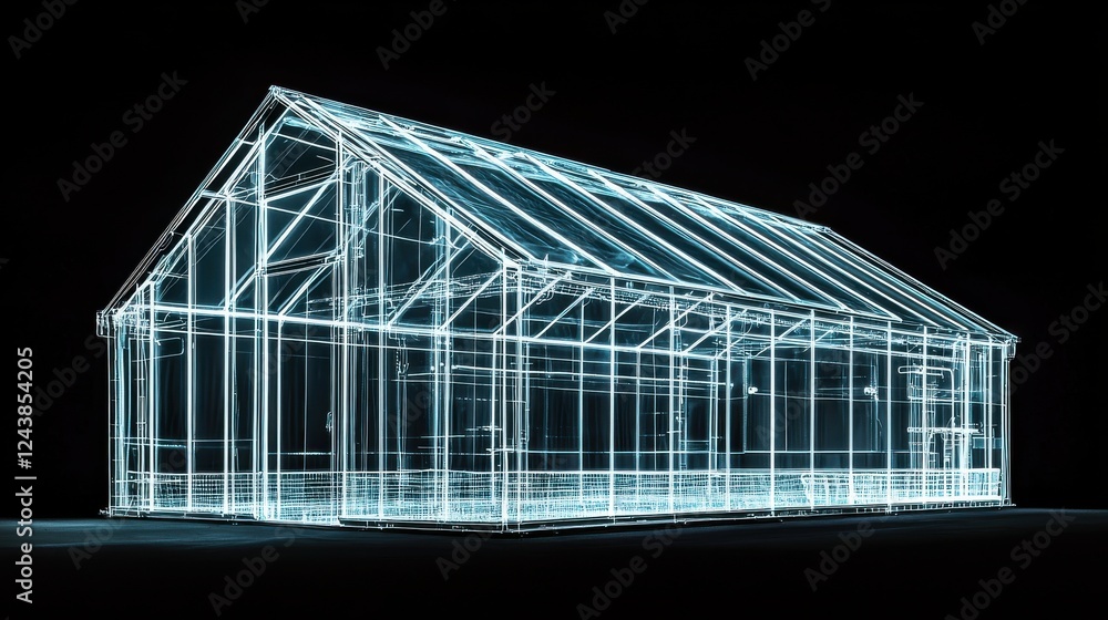 Poster a digitally rendered architectural model of a house, glowing with a cyan light against a black backg