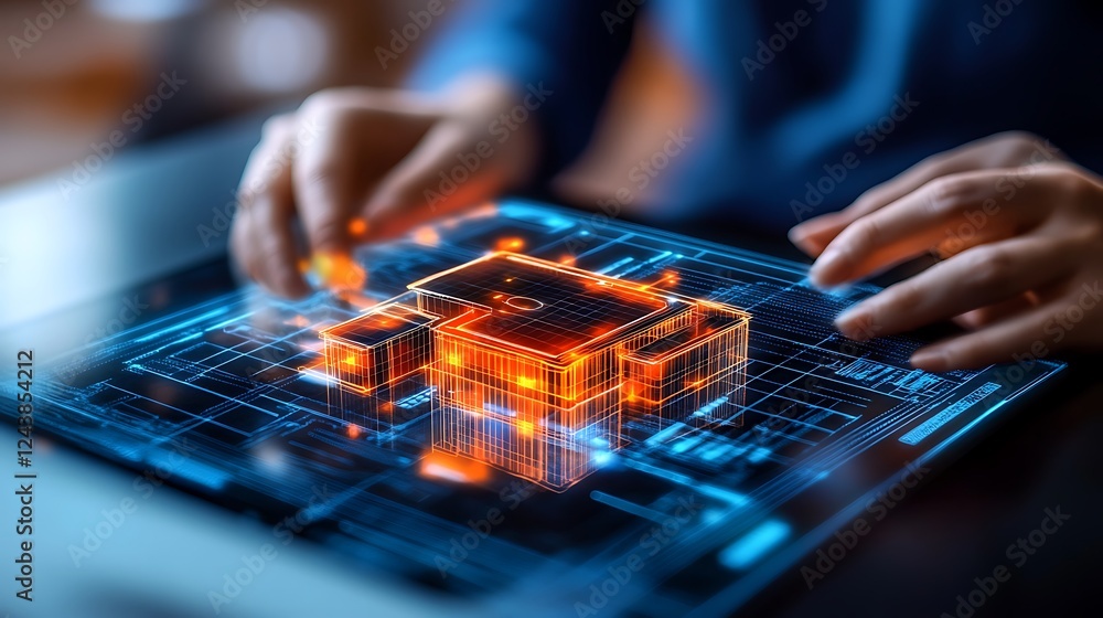 Poster a person using a holographic interface to design a glowing building