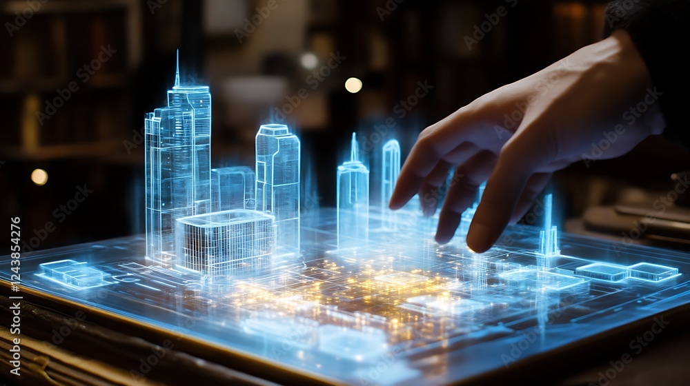 Poster a person using a holographic interface to design a glowing building