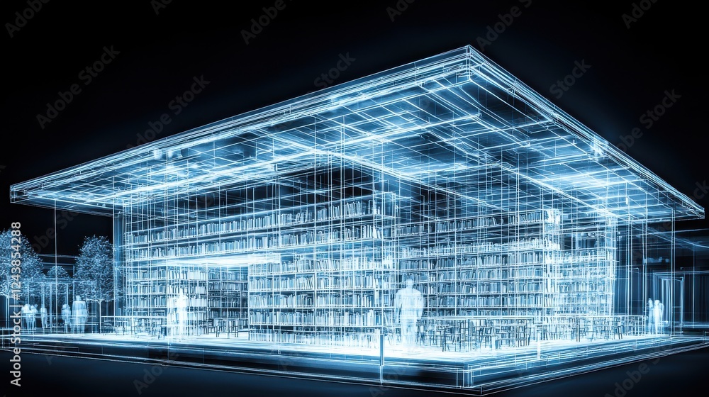 Poster abstract digital rendering of a gas station at night, depicted with glowing blue lines and points of