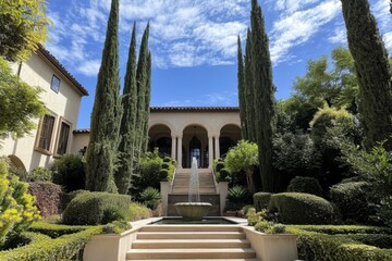 Obraz premium Beautiful mansion with elegant fountain and manicured gardens under a bright blue sky in a luxurious neighborhood during the afternoon