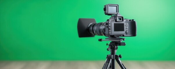 Professional camera setup with green screen background.
