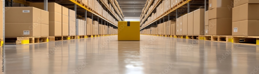 Poster long row of neatly stacked cardboard boxes in a warehouse setting