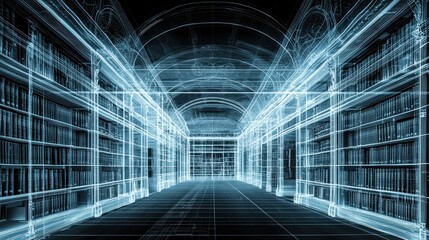Abstract digital rendering of a library interior, glowing lines forming architectural details and bookshelves, dark background, wireframe style.