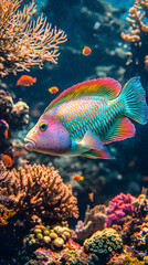 Fototapeta premium Underwater Tropical Corals Reef with colorful sea fish. Marine life sea world. Tropical colourful underwater seascape.