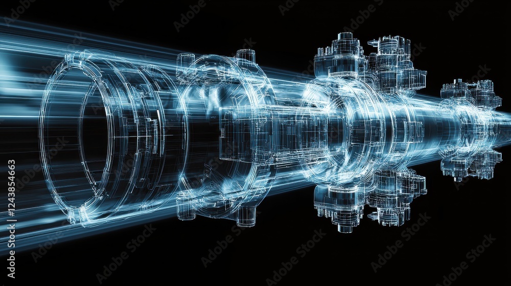 Aufkleber abstract digital art depicting a glowing, three dimensional gear mechanism in motion against a black
