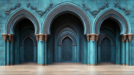 Naklejka premium Teal Archway Entrance with Ornate Columns and Doors