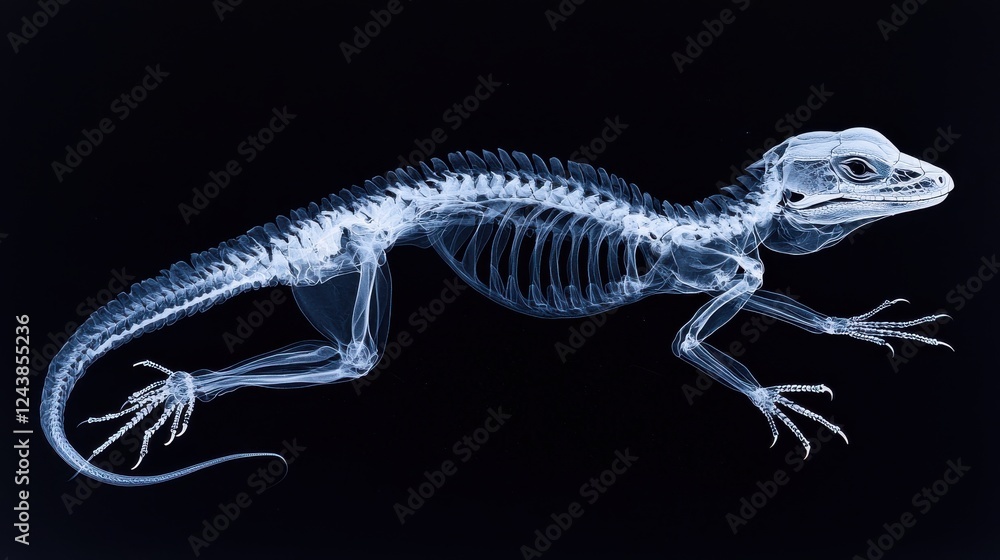 Poster x ray image of a lizard skeleton on a black background. the skeleton is detailed, showing bones and 