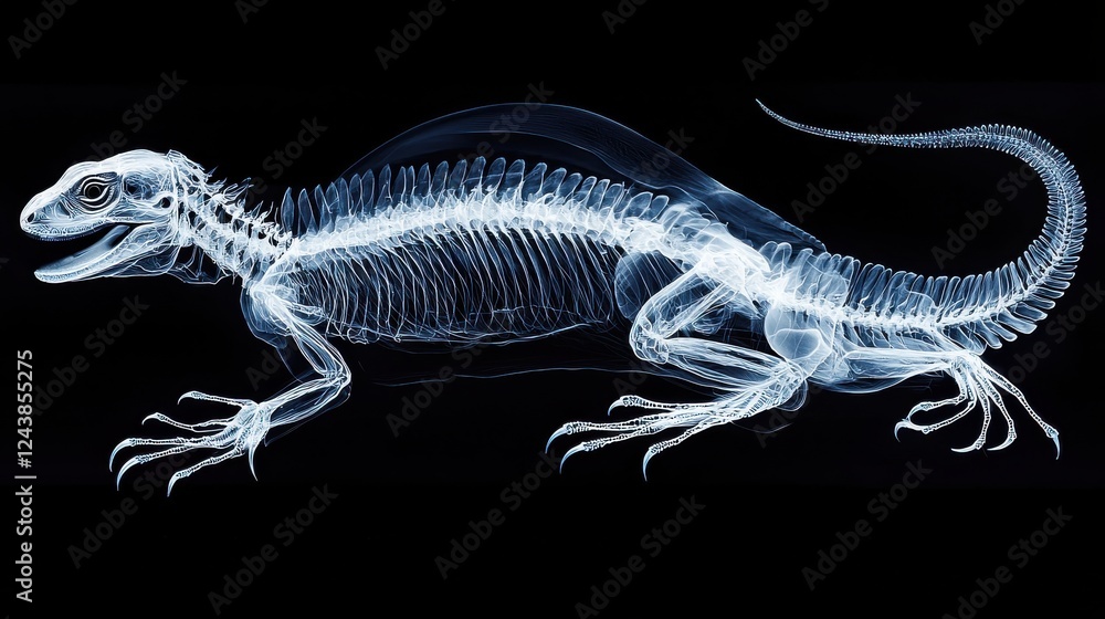 Poster x ray image of a lizard skeletal structure. shows intricate bone detail against a black background. 