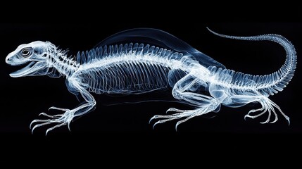 Fototapeta premium X Ray Image of a Lizard Skeletal Structure. Shows intricate bone detail against a black background. High contrast image.