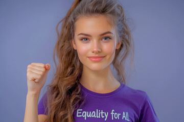 Fototapeta premium Confident young caucasian female supporting equality with positive gesture, Women's Day