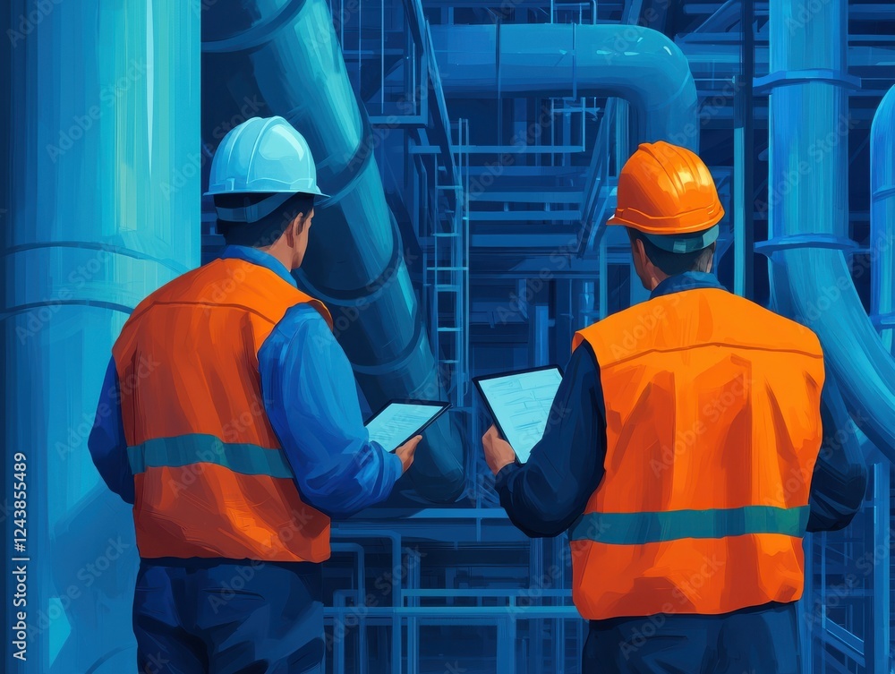 Aufkleber engineers inspecting infrastructure with digital tools for efficiency.