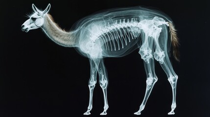 Fototapeta premium X Ray image of a Guanaco showcasing its skeletal structure against a dark background. Detailed view of bones, tendons, and ligaments.
