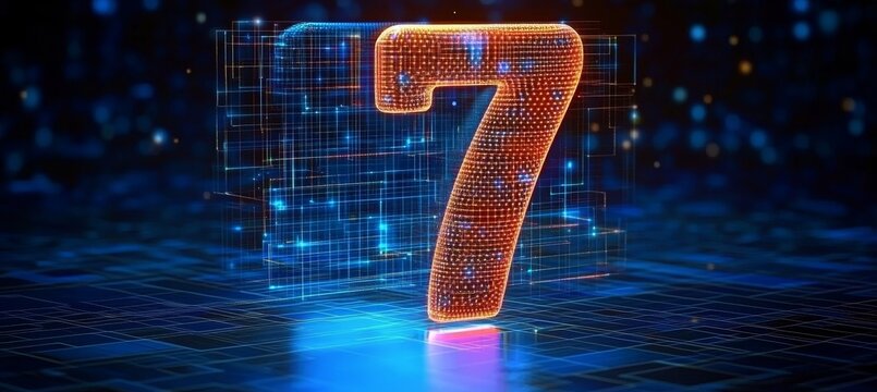Glowing Digital 3D Number Seven in Futuristic Style, Abstract Technological Background, 3D Rendering