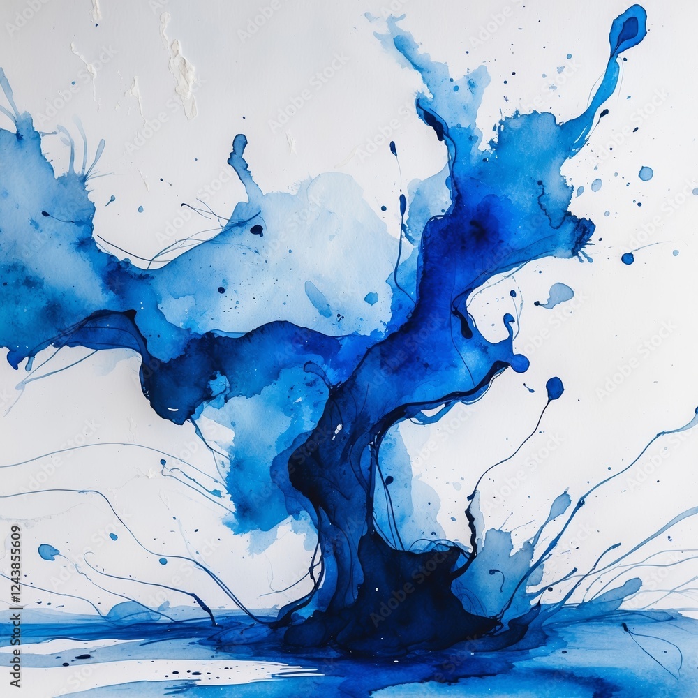 Poster vibrant blue watercolor splash creating dynamic patterns on white background in an artistic setting