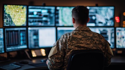 Military personnel operates advanced technology in control room.