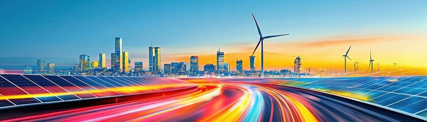 Futuristic city skyline with wind turbines and solar panels.