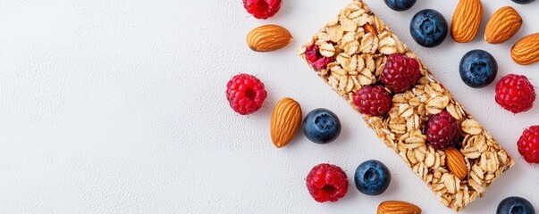 Healthy snack bar surrounded by berries and almonds.