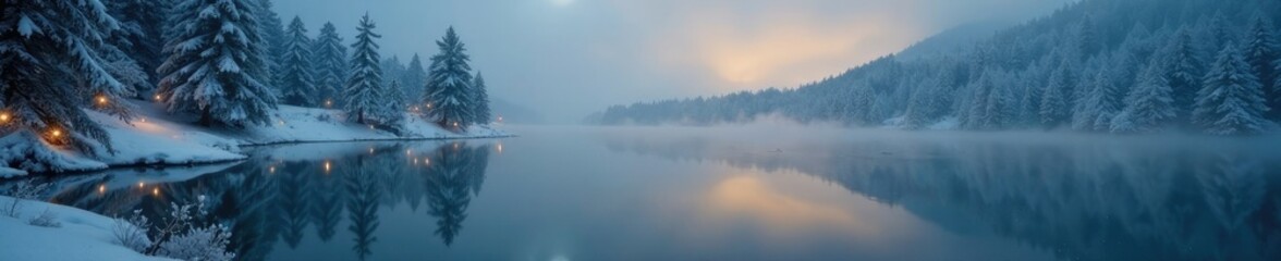 Fototapeta premium A delicate mist rises above a tranquil landscape with twinkling golden Christmas lights reflected in the calm surface of a frozen lake, twinkling lights, frosty