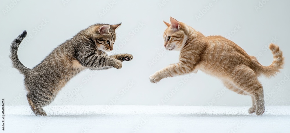 Poster playful kittens engaging in a joyful leap on a soft surface against a light background capturing the