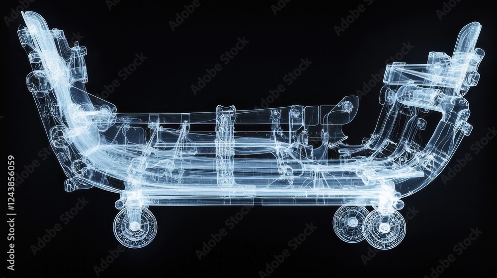 Poster abstract 3d rendering of a ship model, glowing cyan lines on a black background. intricate details v