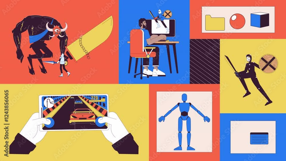 Poster video game development animated bento grid layout. gamedev at computer modeling. vfx, rpg. gamer pla
