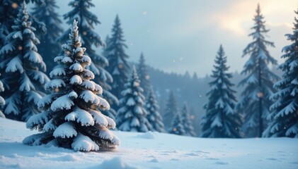 Fototapeta premium A lone snow-covered Christmas tree in the heart of winter forest, isolation, bare