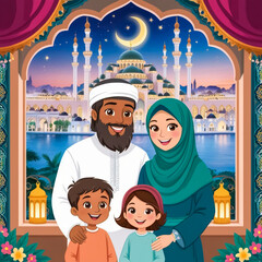 Happy family celebrate for eid mubarak with mosque background