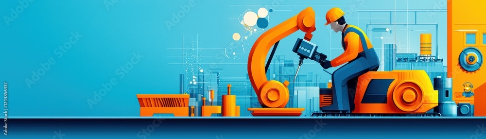 Poster industrial worker using robotic technology for automation.