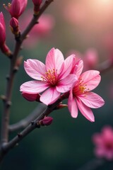 A pink flower blooms in the crook of a tree's branch, isolated, pink flowers