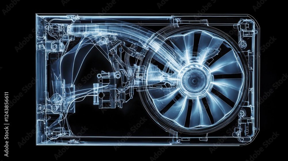 Poster x ray style image of computer graphics card with cooling fan