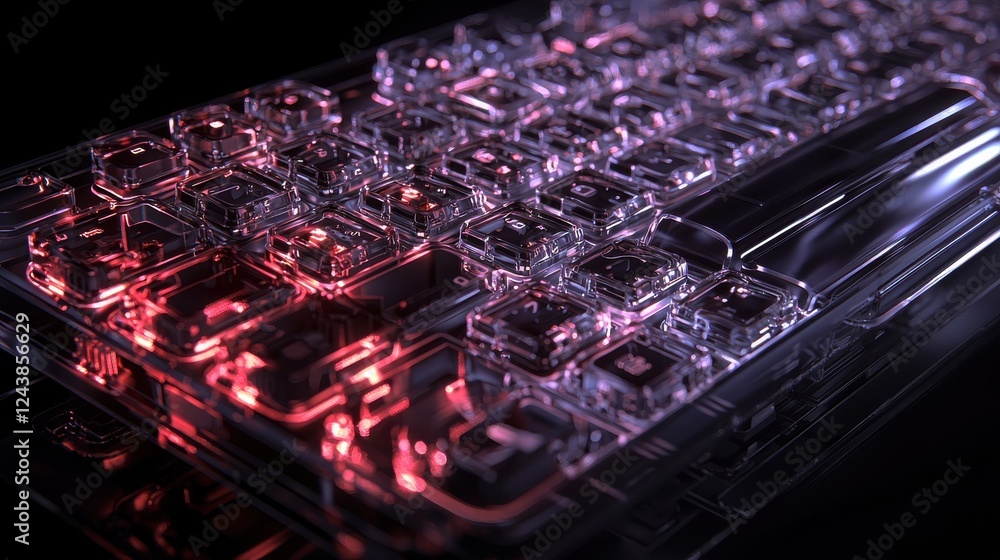 Poster abstract digital art of a translucent keyboard with red and pink glowing circuits and internal compo